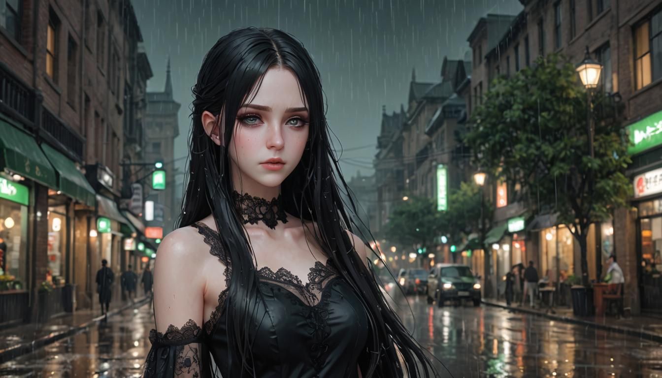 Gothic Woman in Rainy Street, 3D Anime Art