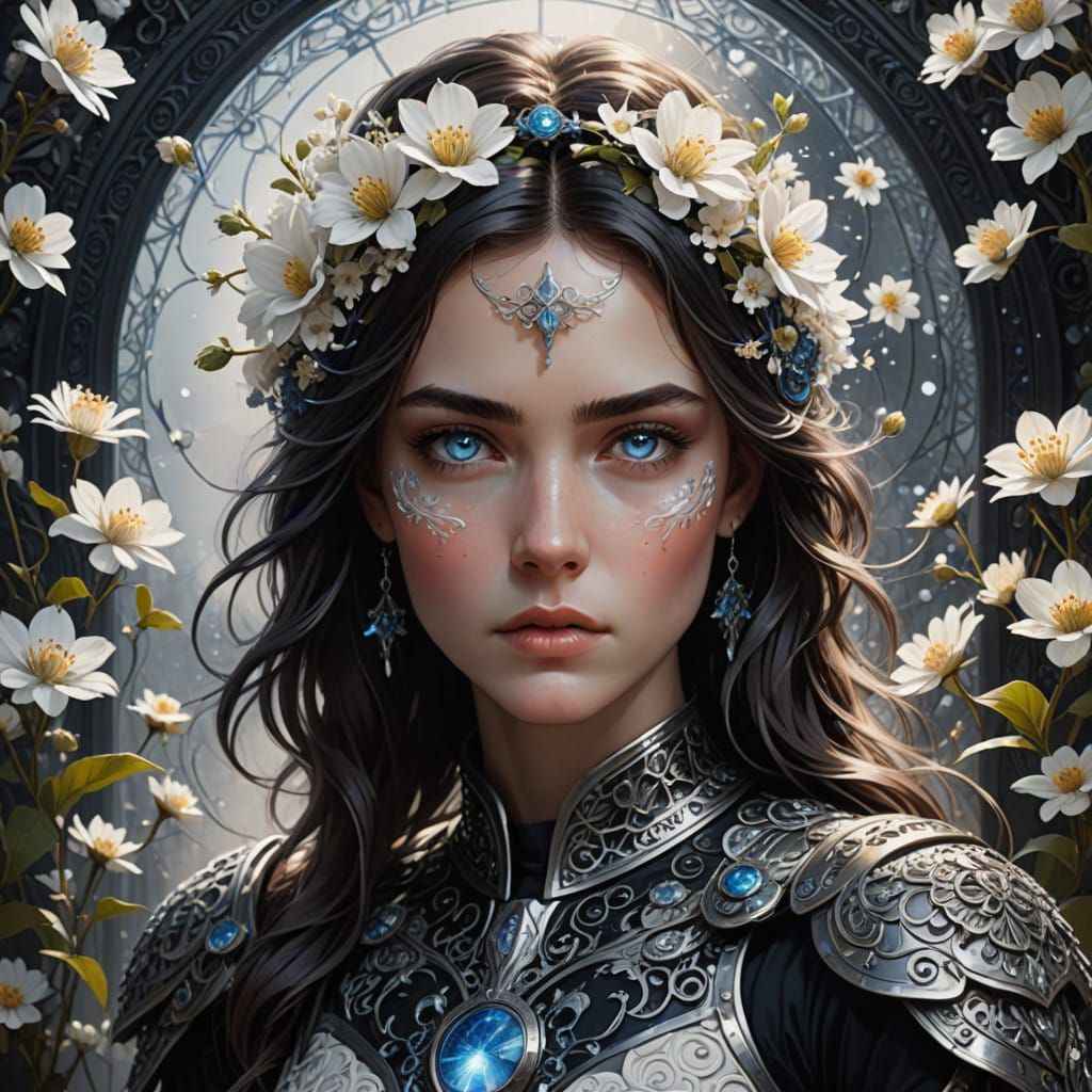 Ethereal Future Goddess in White Florals and Black Armor Dig...