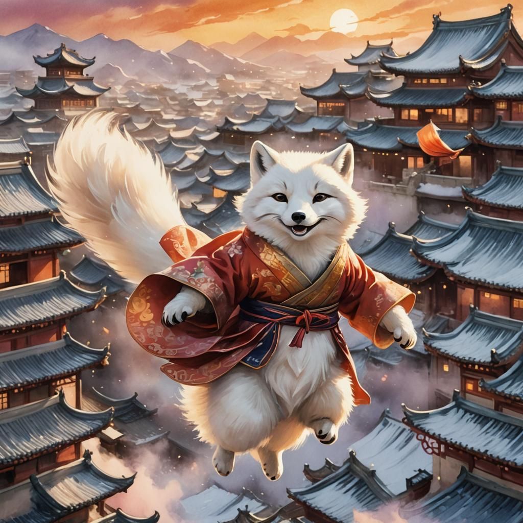 Pixar-Style Polar Fox Bard Flies Over China