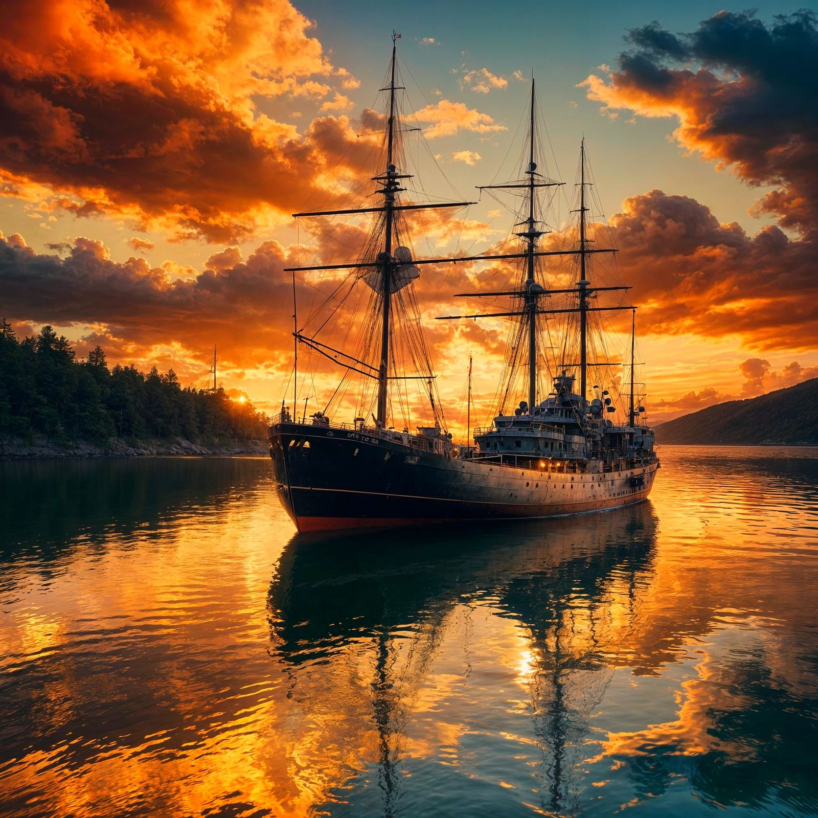 Golden Hour Ship Reflection on Calm Water