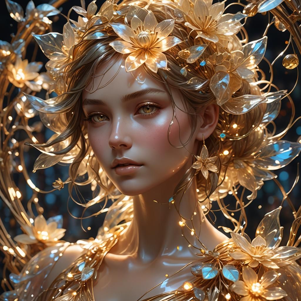 Iridescent Glass Flower Sculpture in Art Nouveau Style