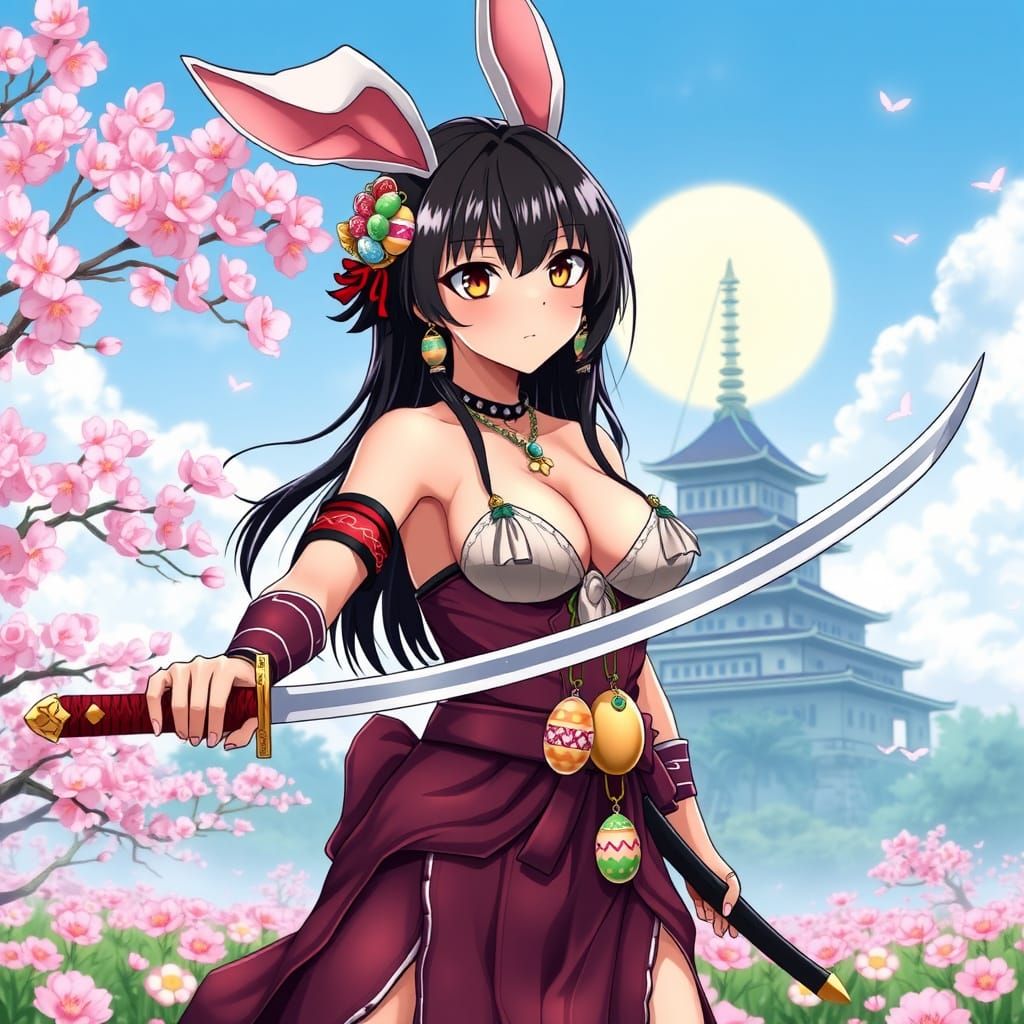 Anime Easter Bunny Samurai Woman in Cherry Blossoms