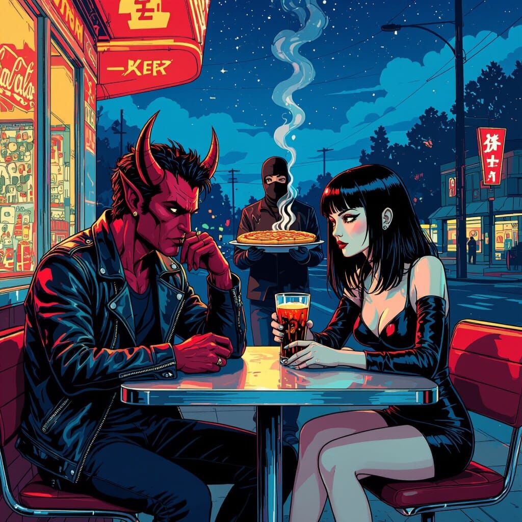 Demon and Girl at Cafe with Pizza Delivery