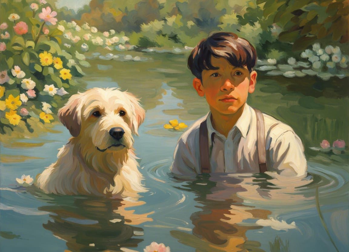 Boy and Dog Swimming: Impressionist Style Art