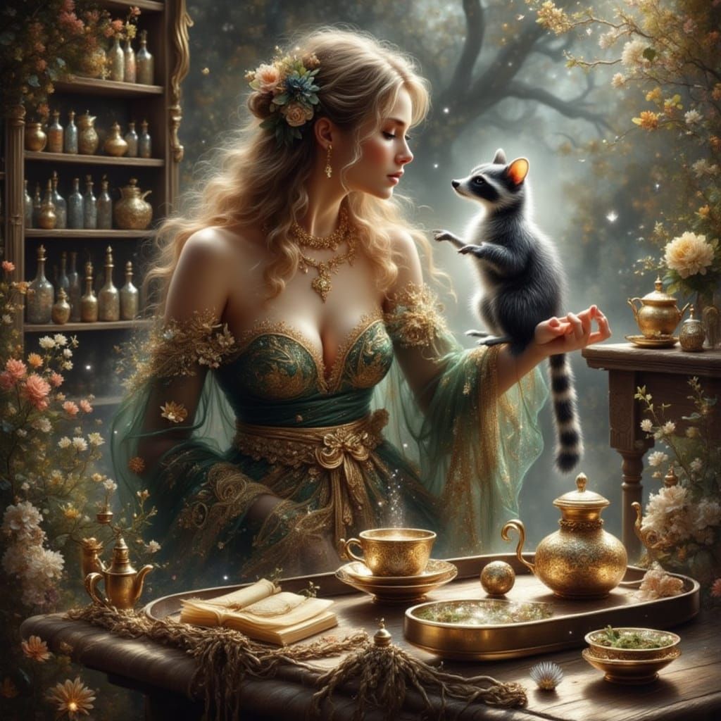 Beautiful Witch Prepares Spell with Magical Familiar