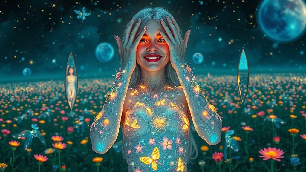 Surreal Flora Woman in a Mirror Landscape