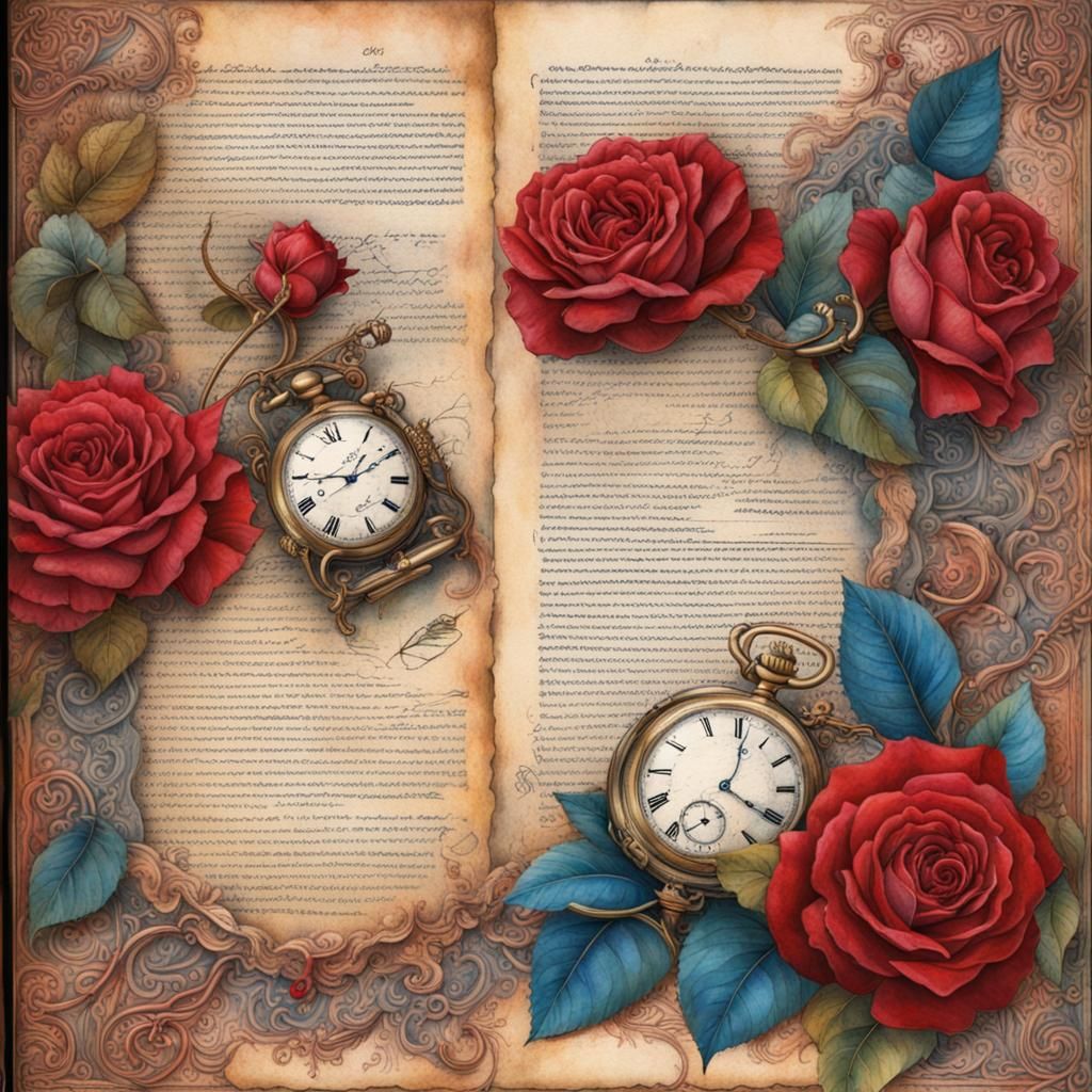 Vintage Pocket Watch with Roses and River as Watercolor