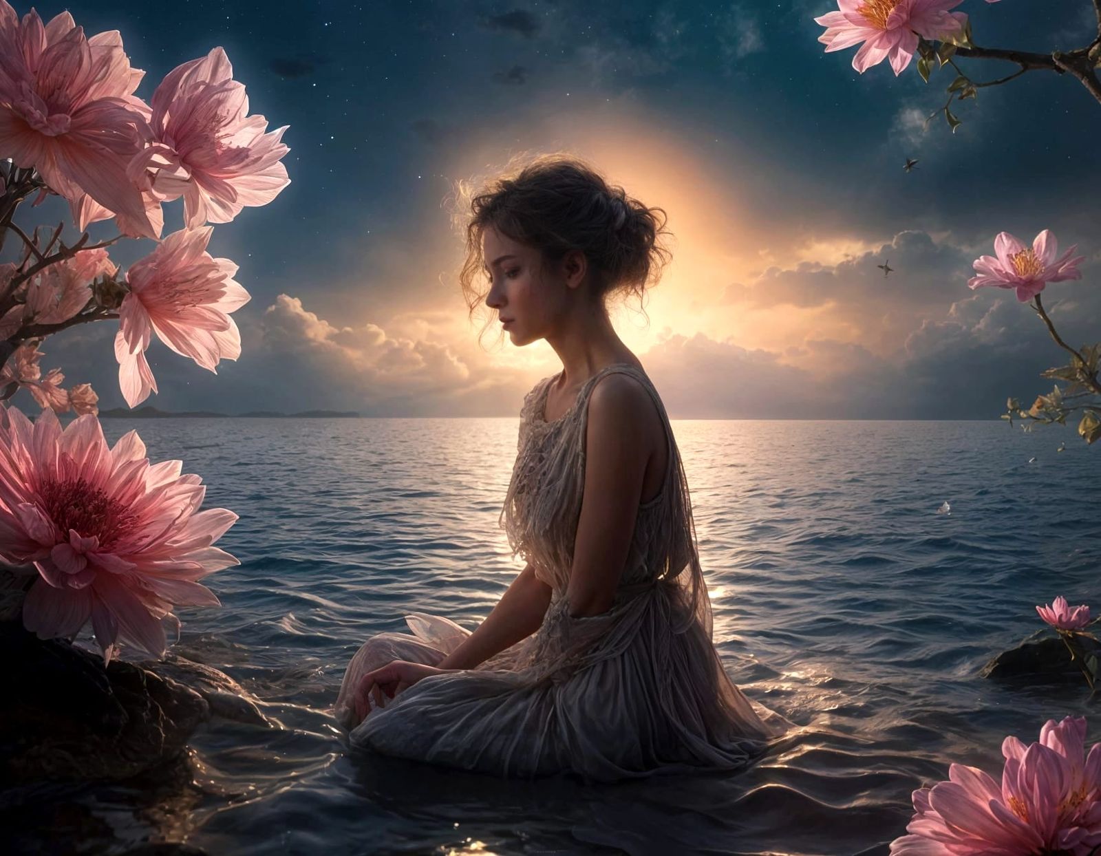 Surreal Woman with Star Hair in Dystopian Wasteland