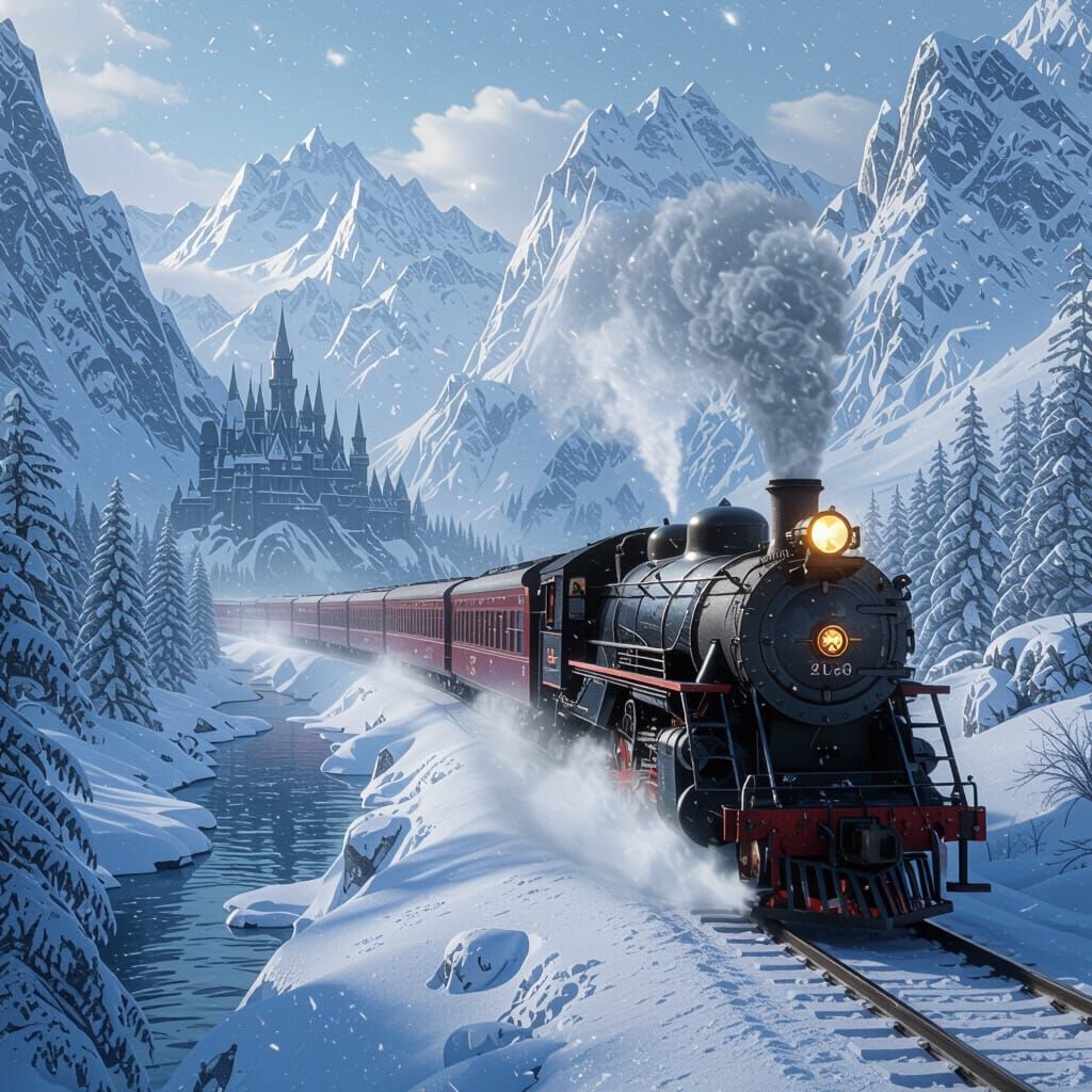 Magical Snowy Train Journey Through Winter Landscape