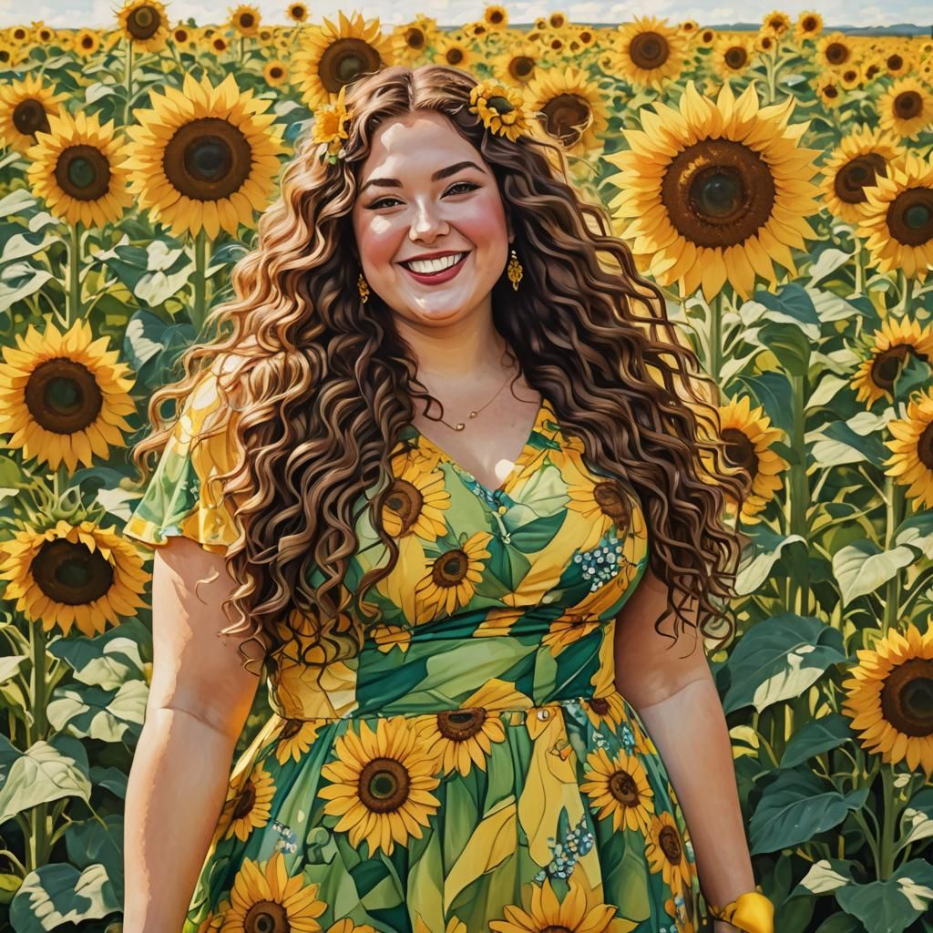 Plus-Sized Woman in Sunflower Field, Abstract Art