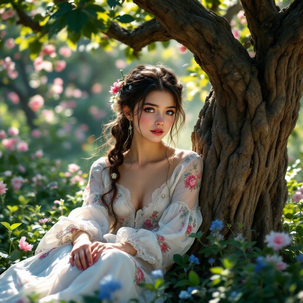 Enigmatic Girl in an Orchard Scene