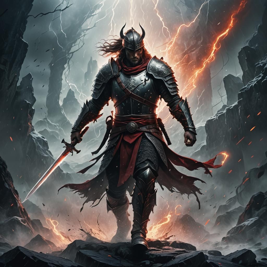 Fierce Warrior Wielding Sword in Dark Mystical Energy