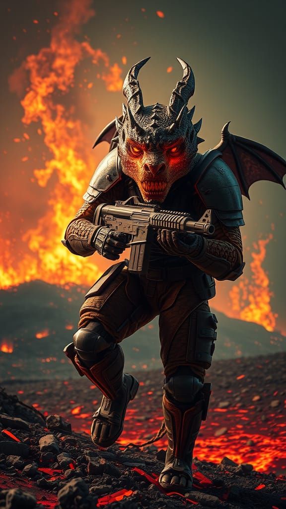 Dragon-Faced Soldier in Post-Apocalyptic Wasteland