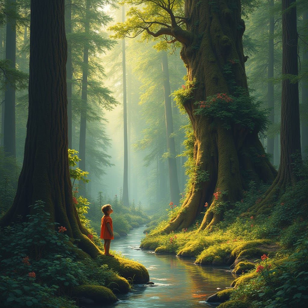 Enchanted Redwood Grove with Banyan Tree and Elf