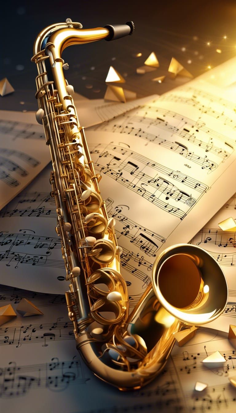 Golden Saxophone with Geometric Halo and Musical Notes