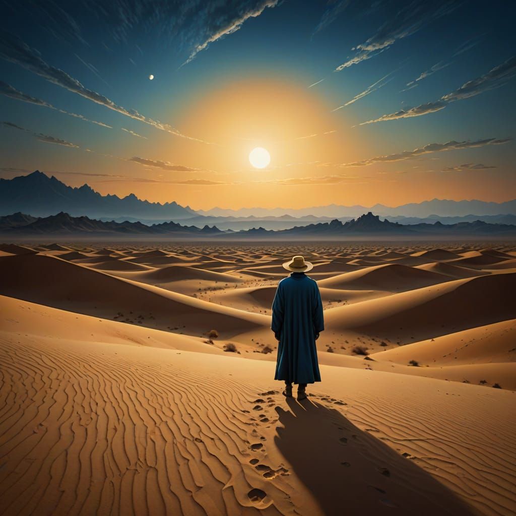 Surreal Desert Contemplation With Golden Orb