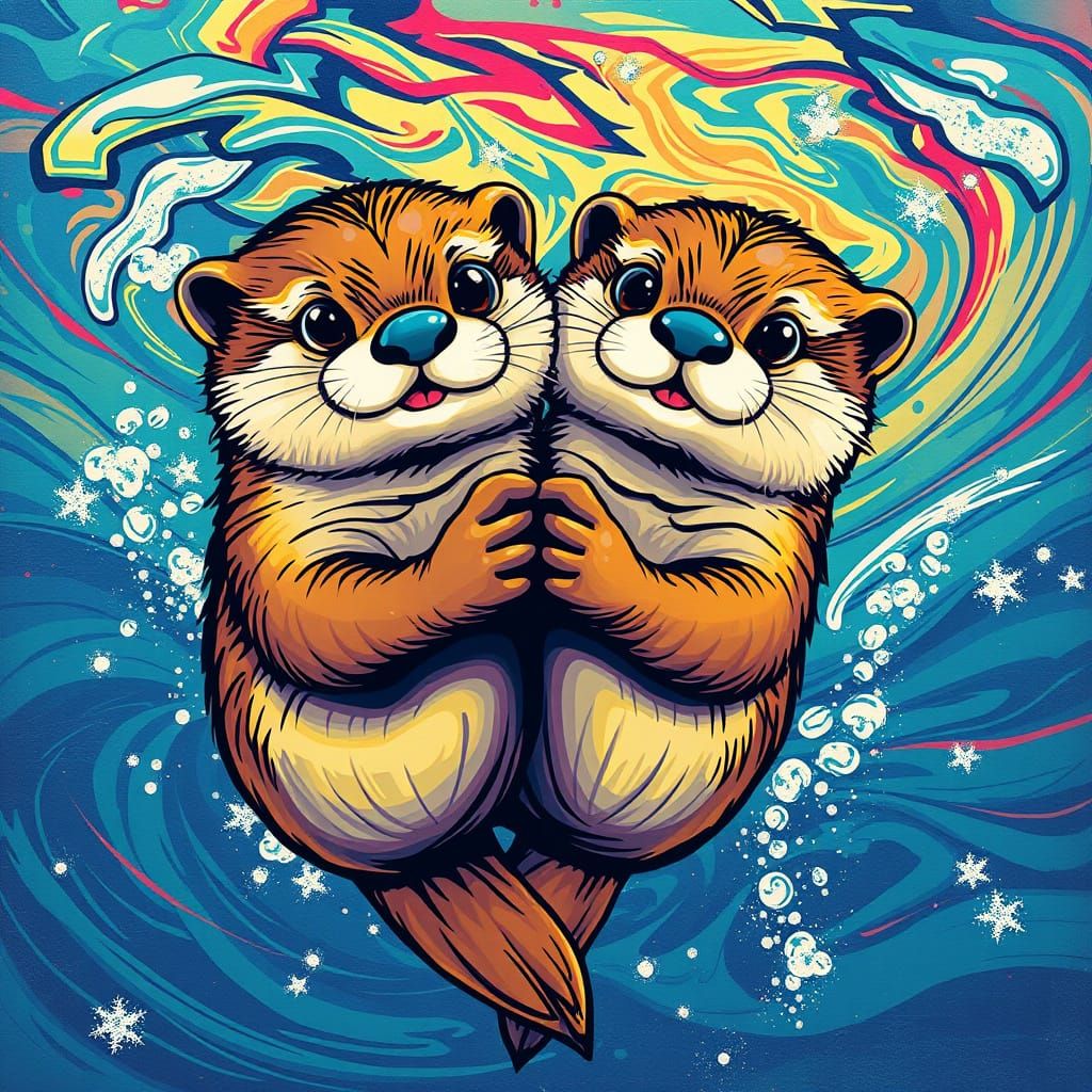 Loving Otters in Vibrant Graffiti Style
