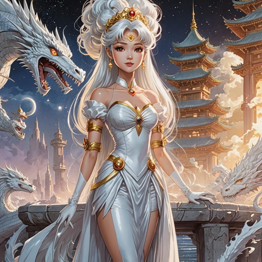 Queen Serenity with White Dragon in Comic Book Art