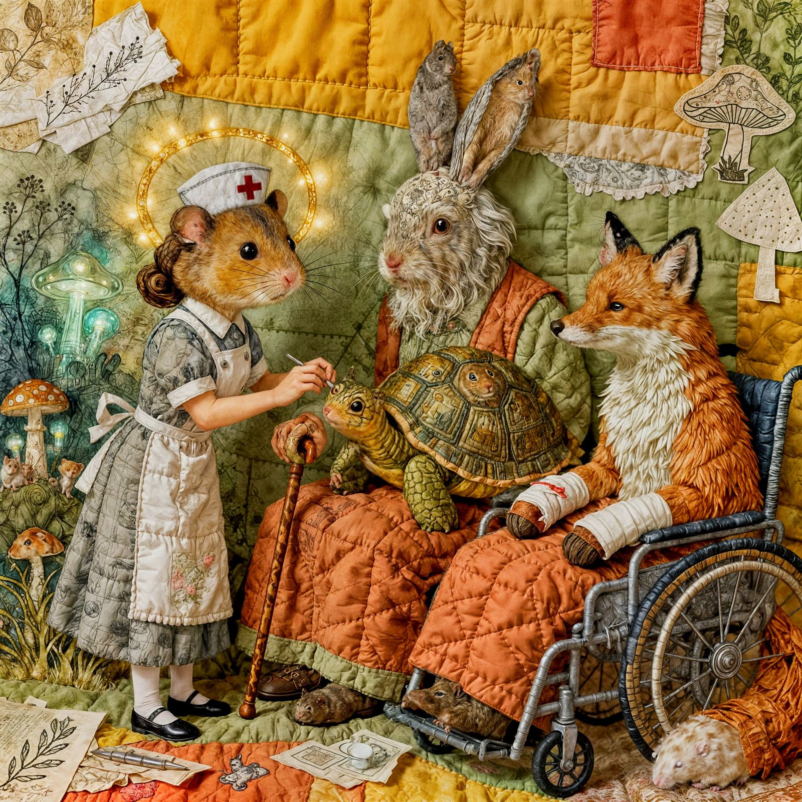 Cute Hamster Nurse Tending Animals in Whimsical Collage Styl...