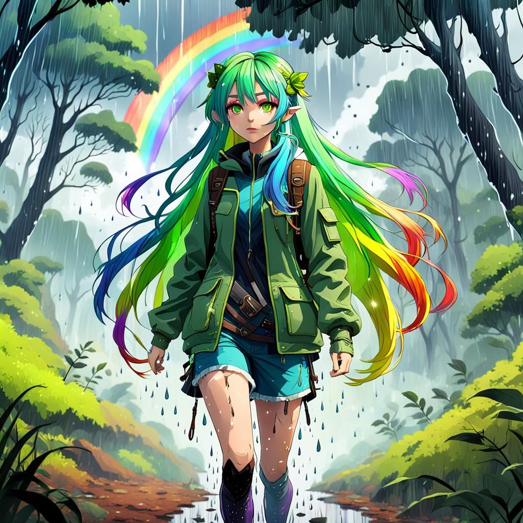 Anime Girl Hiking in Rainy Forest with Rainbow