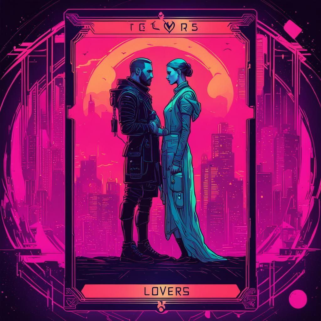 Cyberpunk Lovers Tarot Card in Neon