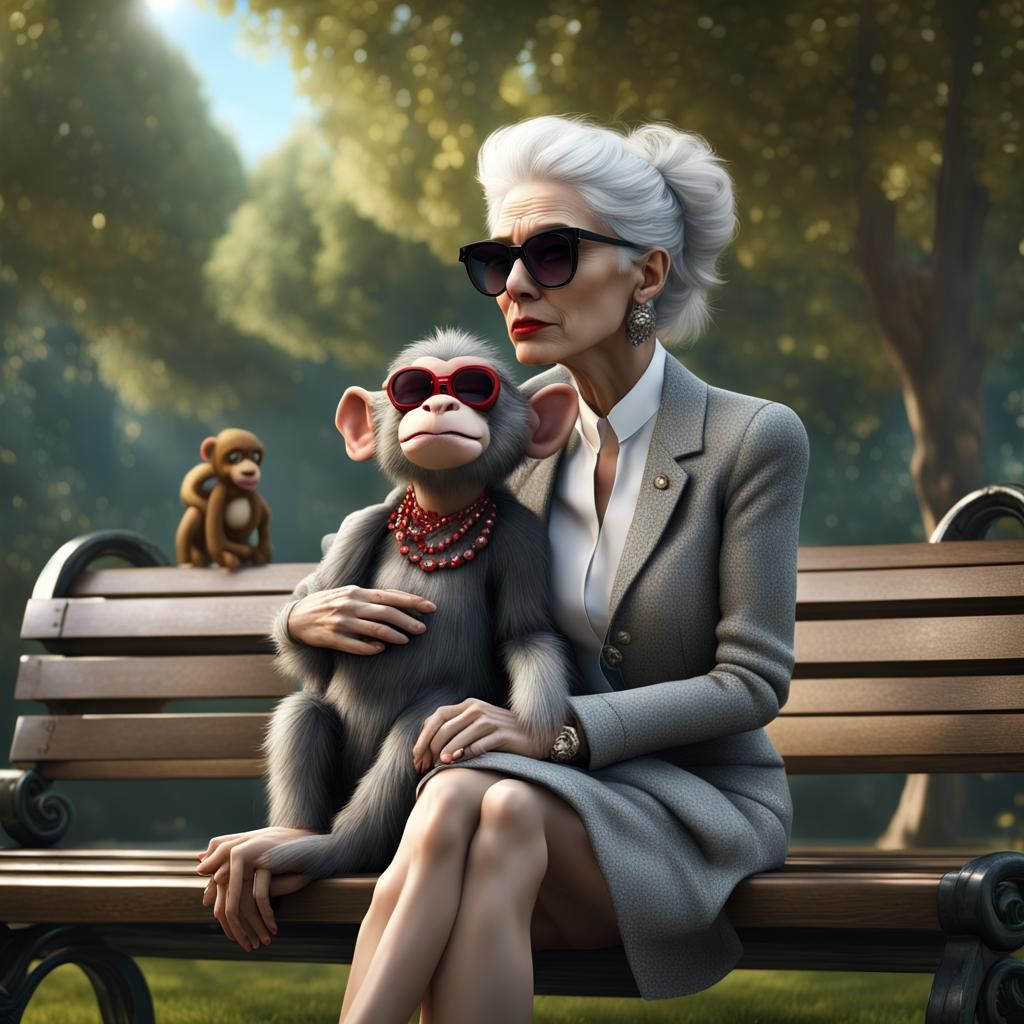 Woman in Designer Clothes Kisses Toy Monkey