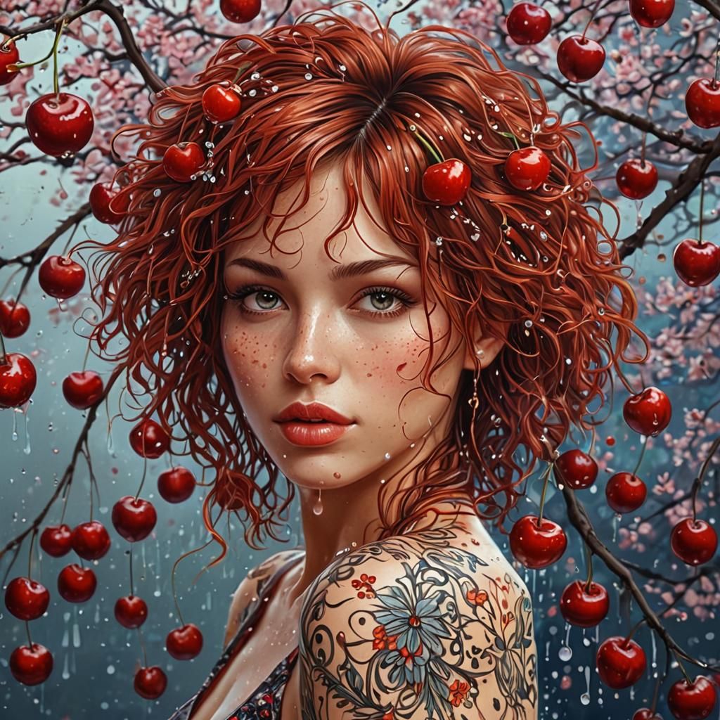 Girl with Cherry Hair, Zentangle Tree Digital Painting