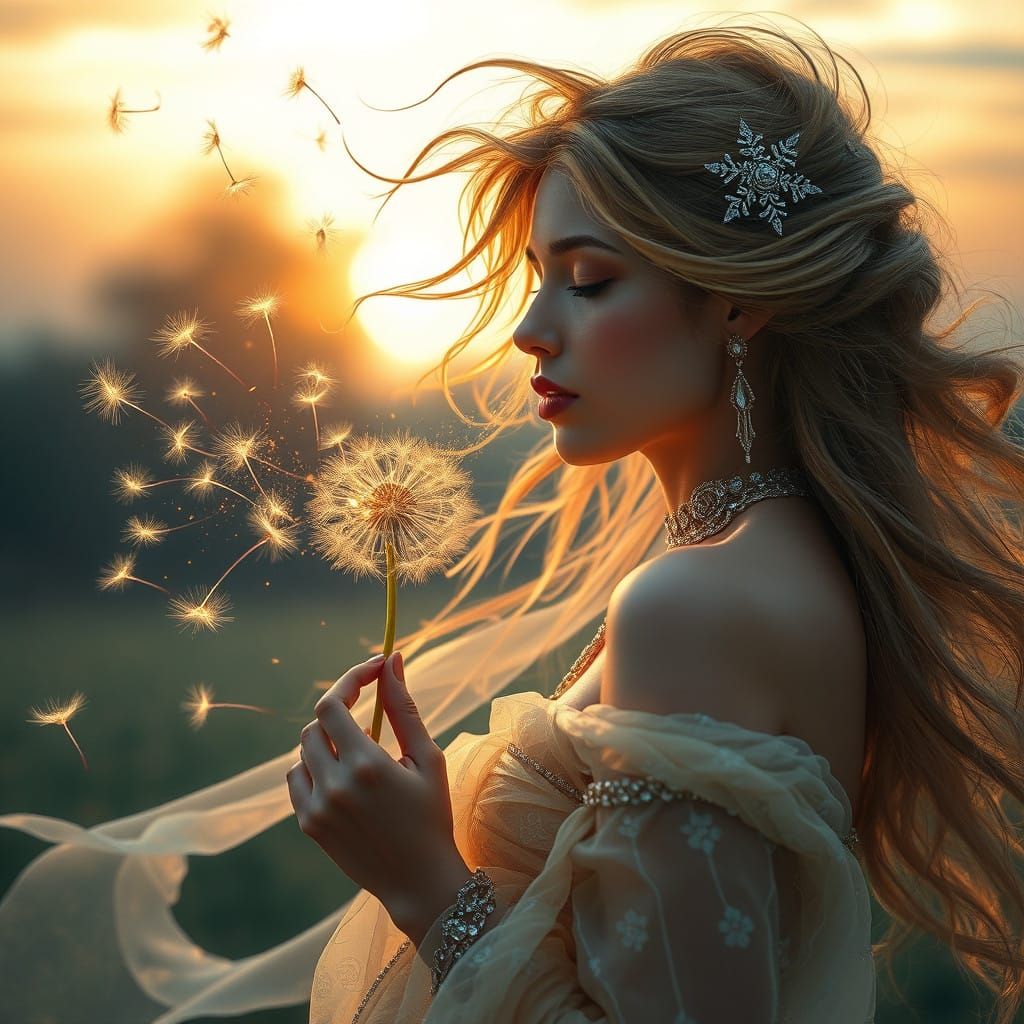 Mystical Woman Dispels Seeds of Hope into Iridescent Light