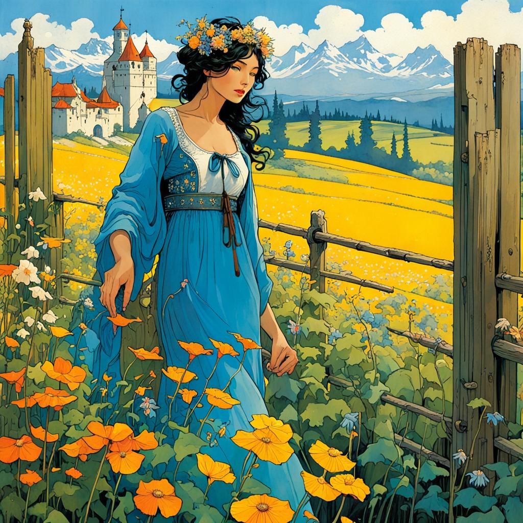 Blooming Wildflower Field with Birds, Matte Oil Painting