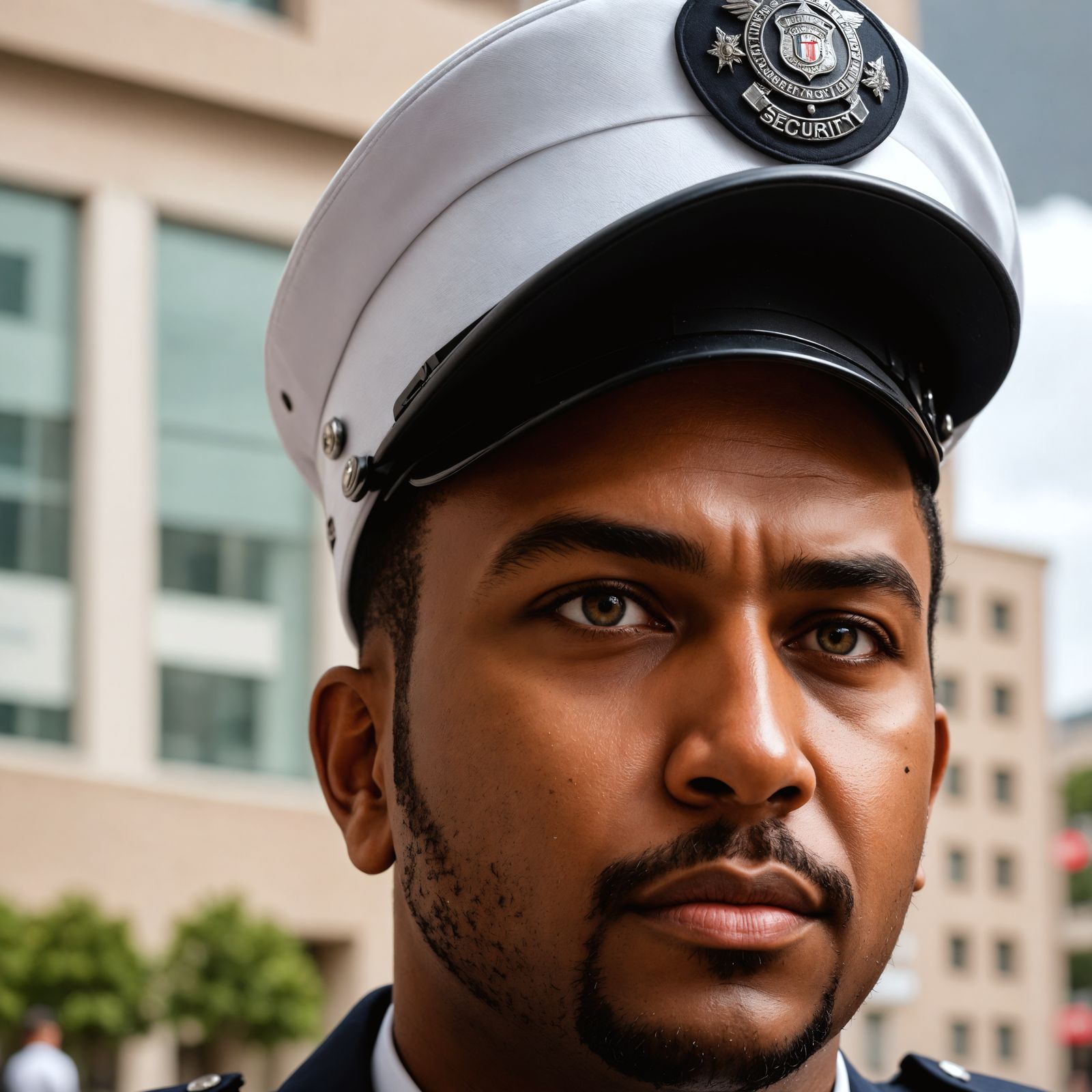 Hyperrealistic Security Guard Portrait in High Contrast