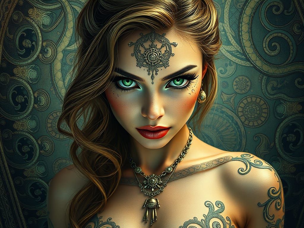 Ethereal Seductress with Jade Eyes in Art Nouveau Style