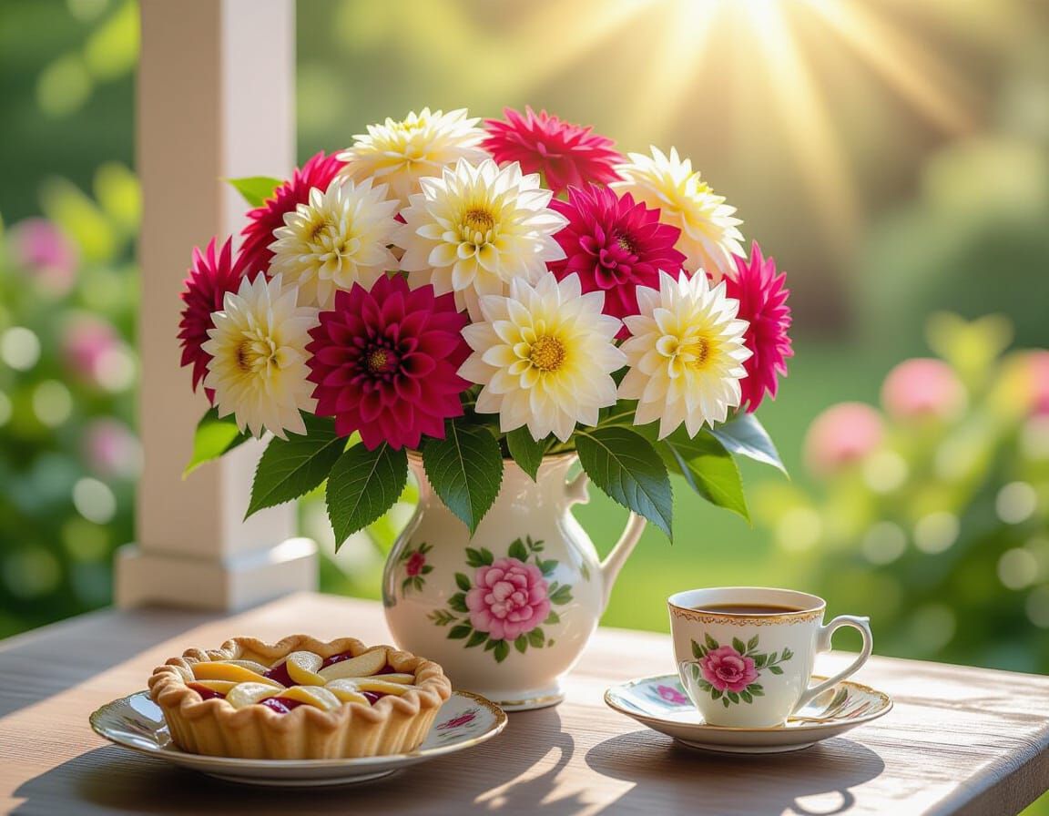 Hyperrealistic Dahlias Bouquet on a Sunny Porch