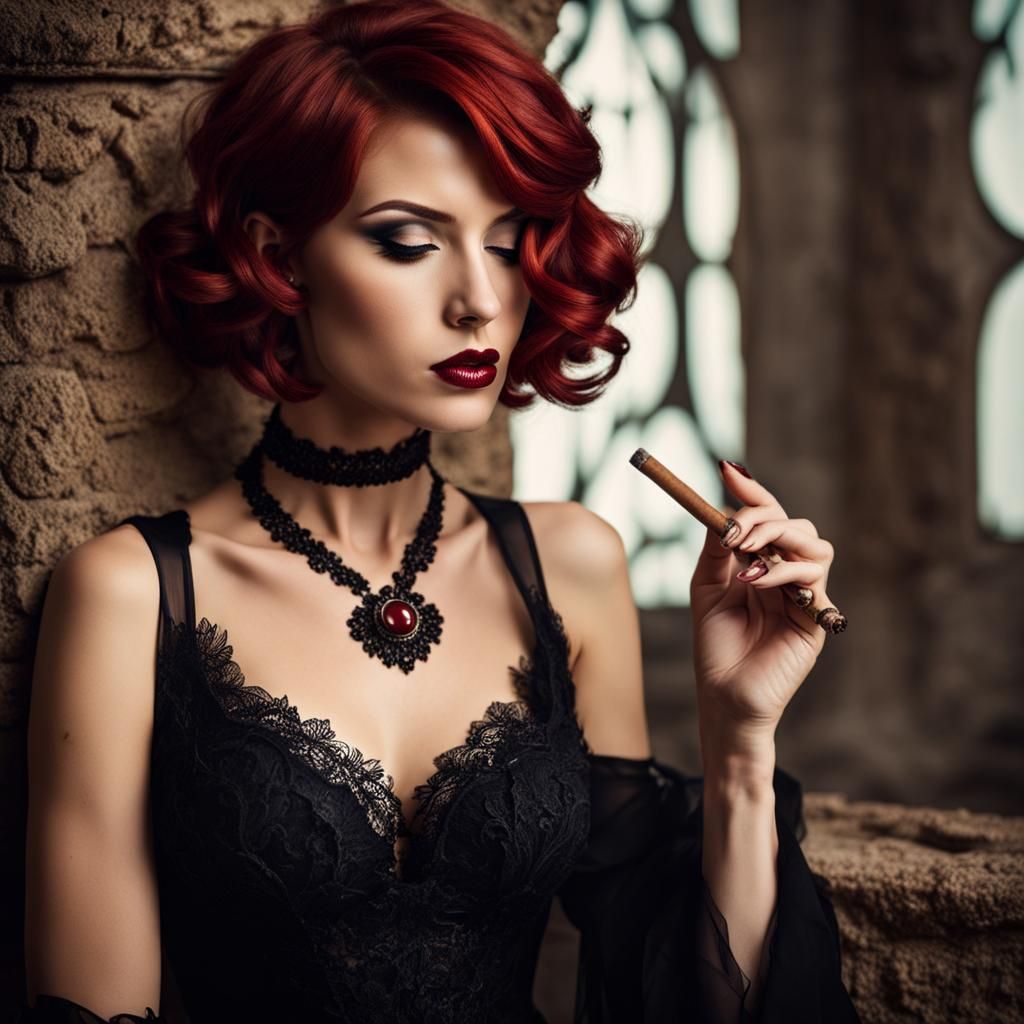 Gothic Beauty: Alluring Woman with Cigar Portrait