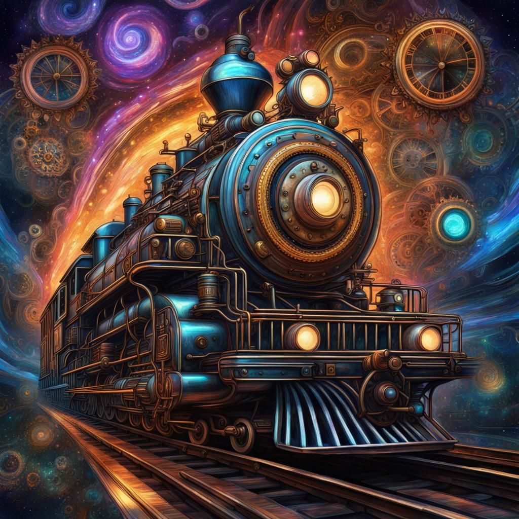 Steampunk Engine at Midnight: Cosmic Mixed Media