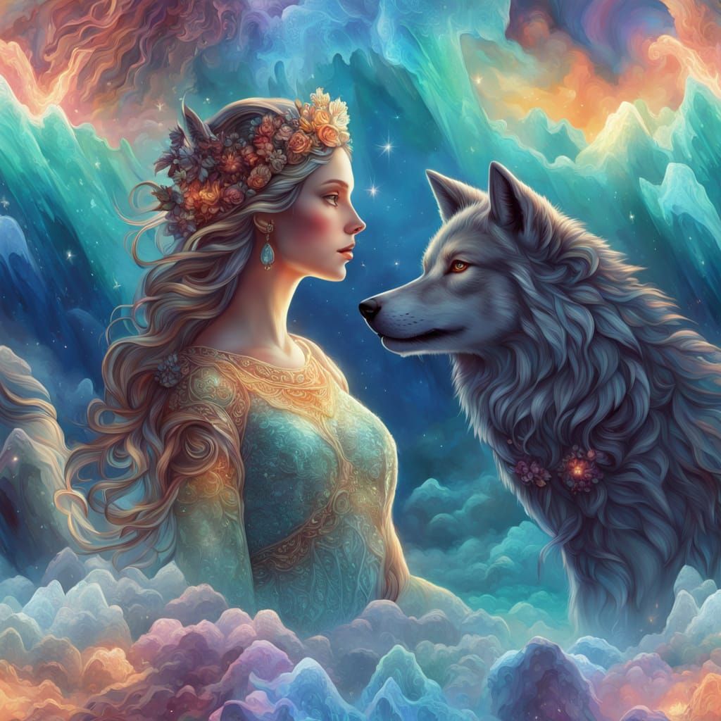 Aurora Goddess with Wolf in Ethereal Fantasy Art