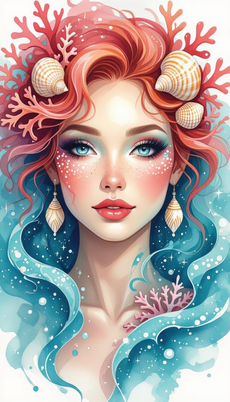 Oceanic Enchantress with Coral Hair in Watercolor Style