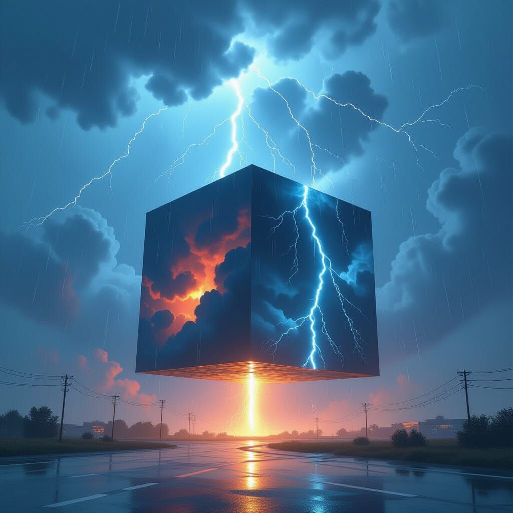 Turbulent Thunderstorm Inside Cube in Surreal Style