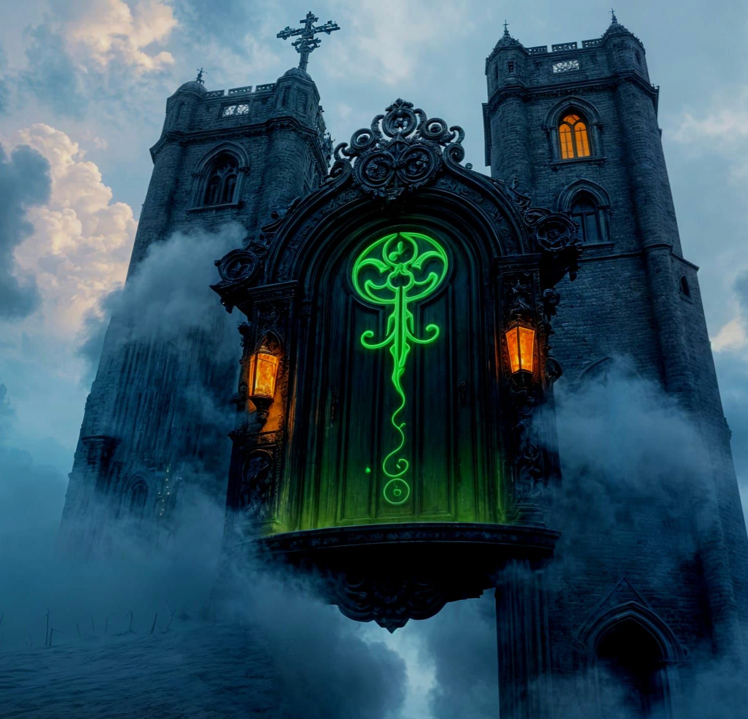 Green Neon Door in Sky, Digital Matte Painting