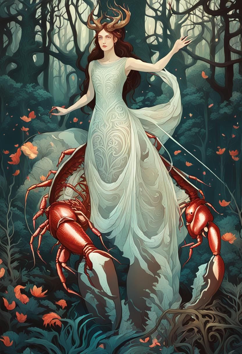 Ethereal Centaur-Lobster Goddess in Mystic Forest