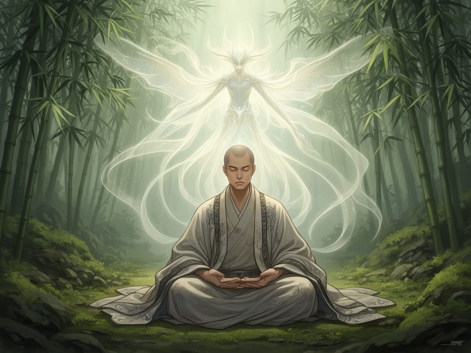 Zen Monk Meditating with Protective Spirit in Detailed Robes