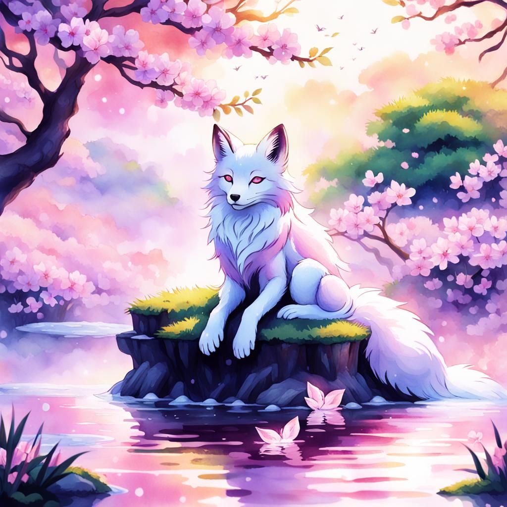 Kitsune in Hot Spring: Dreamy Watercolor Concept Art