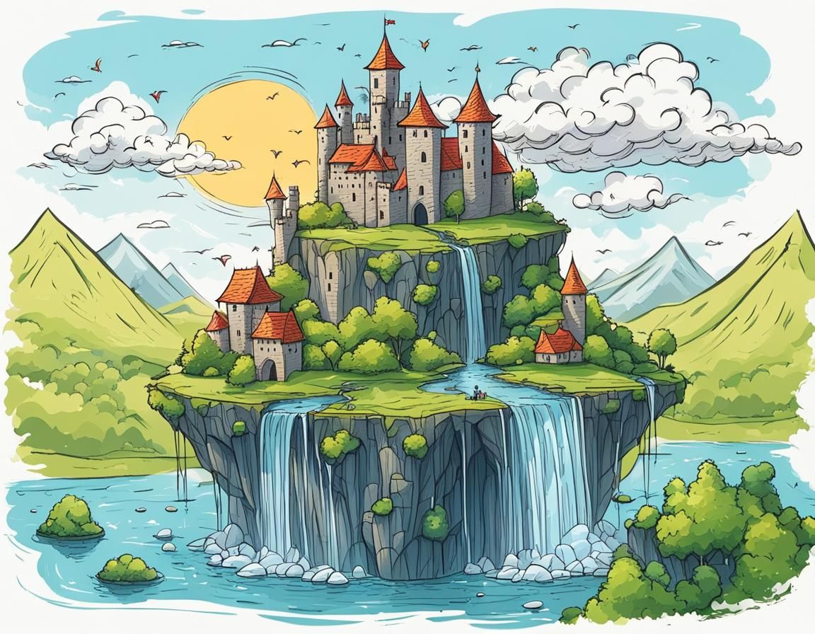 Whimsical Floating Island with Castles in Scribble Style