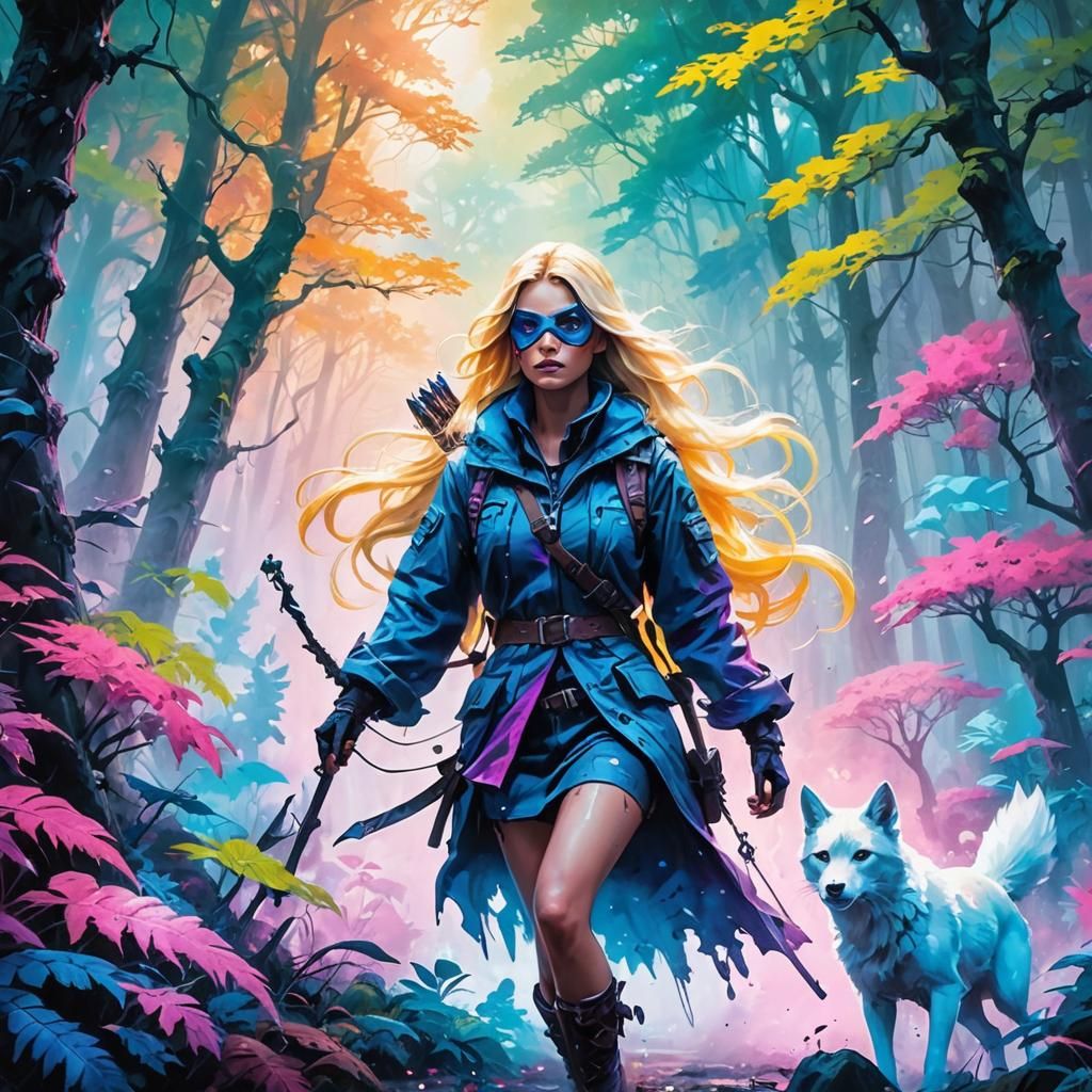 Blonde Huntress in Mystical Forest: Graffiti Art