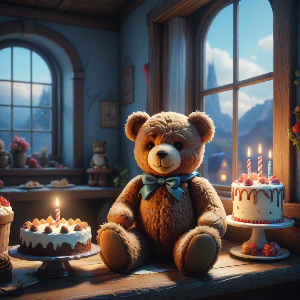 Teddy Bear by Window with Birthday Cake, Matte Painting