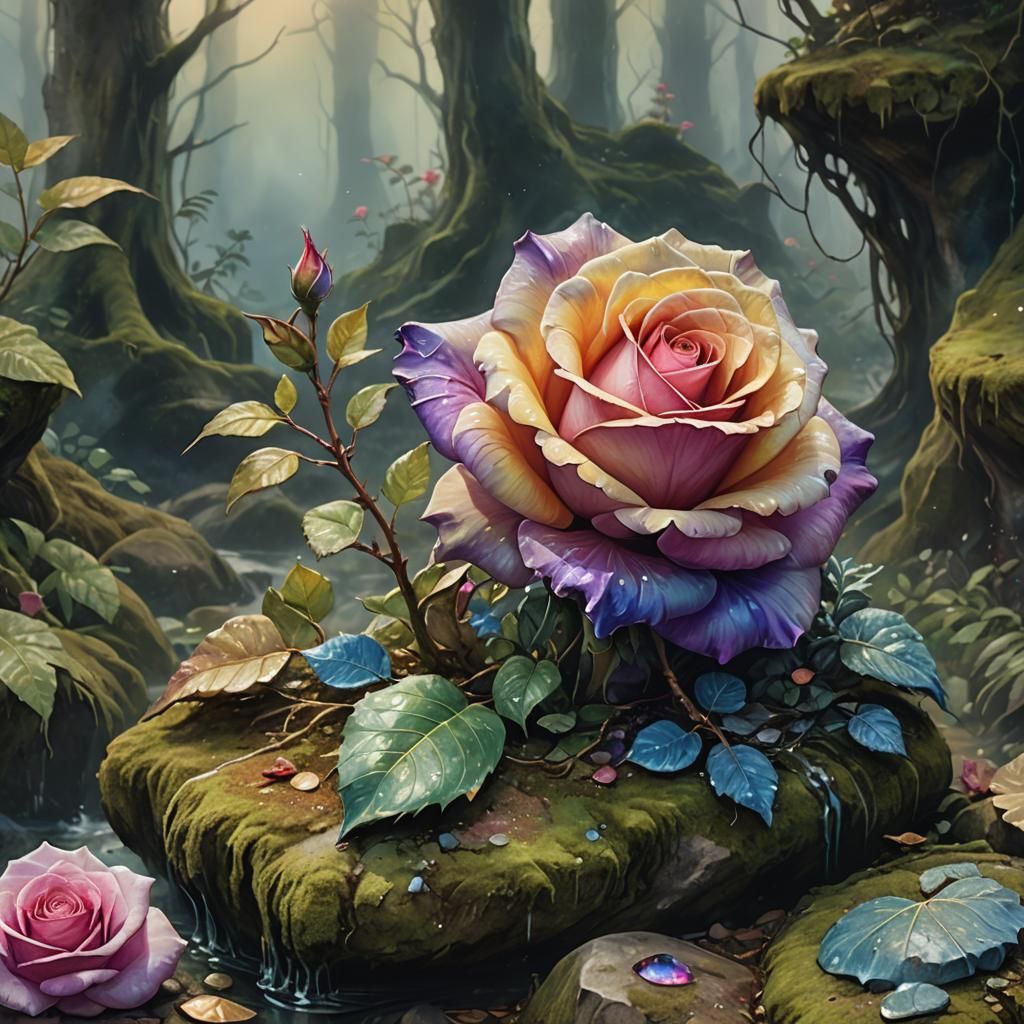 Colorful Rose with Conch Shell in Misty Forest