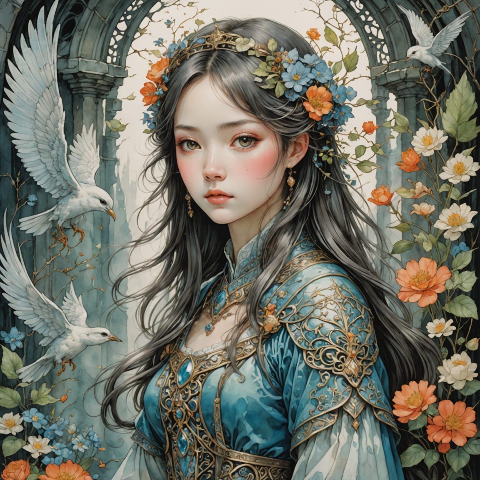 Luminous Innocence Among Birds and Blossoms