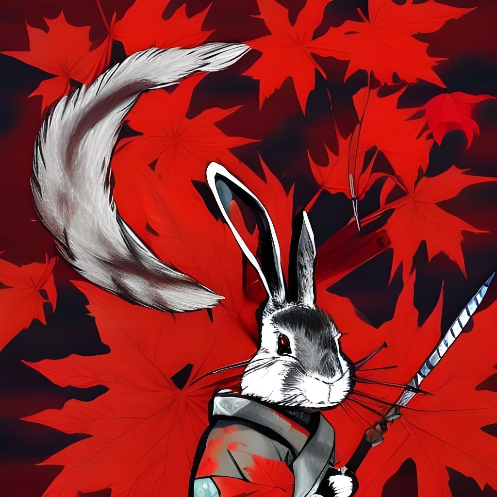 Armored Samurai Rabbit with Katana and Maple Leaves