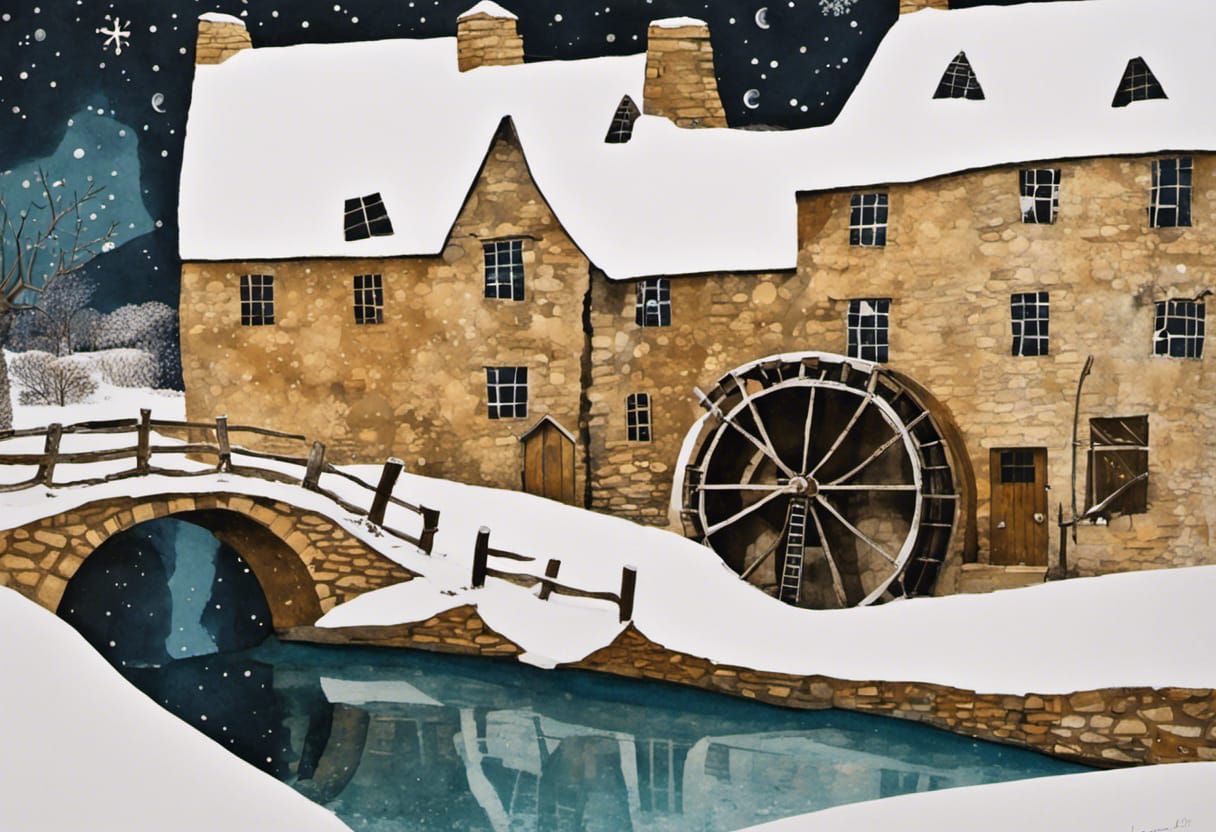 Winter Snow Scene at Lower Slaughter Water Mill