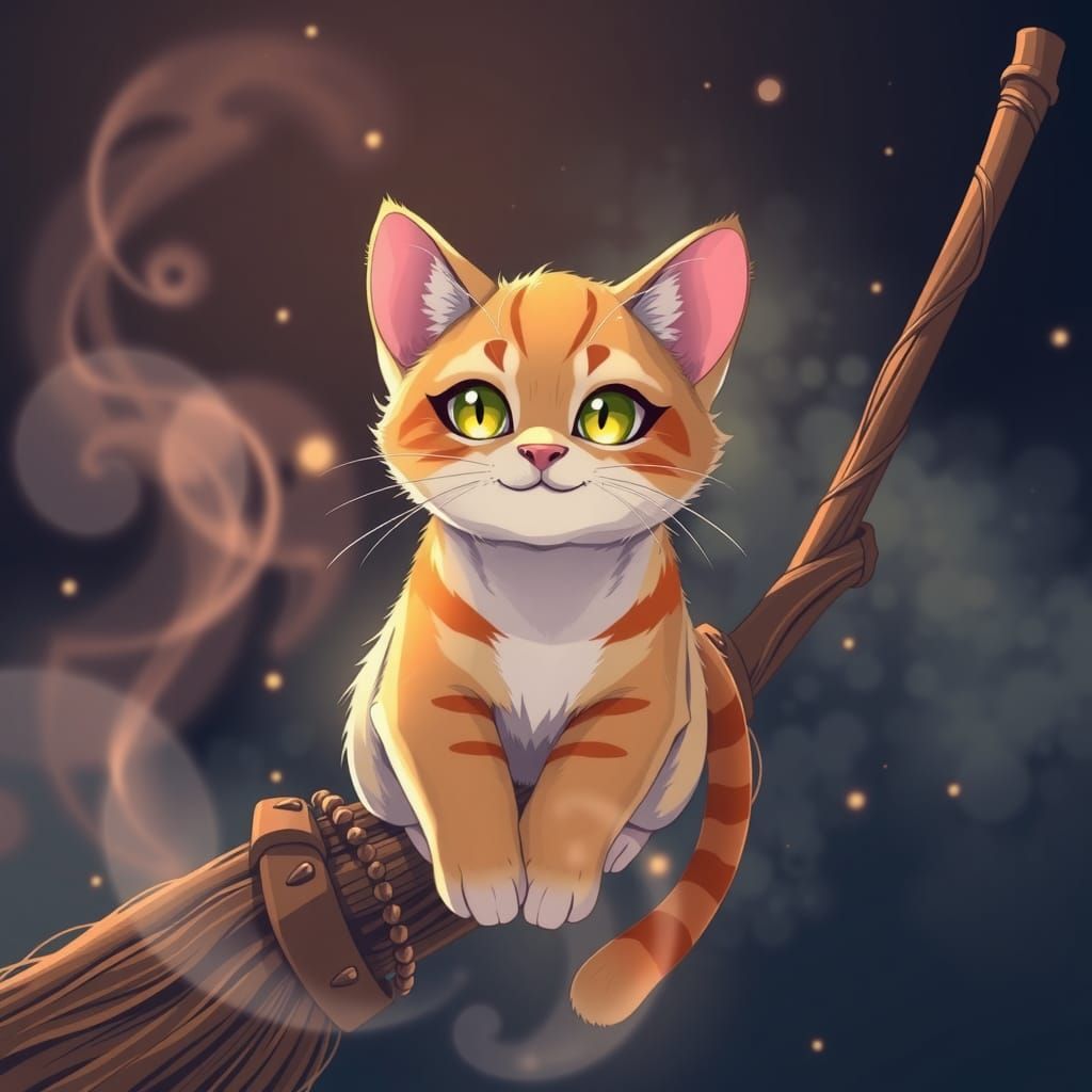 Cat on Broom in Vibrant Manga Style