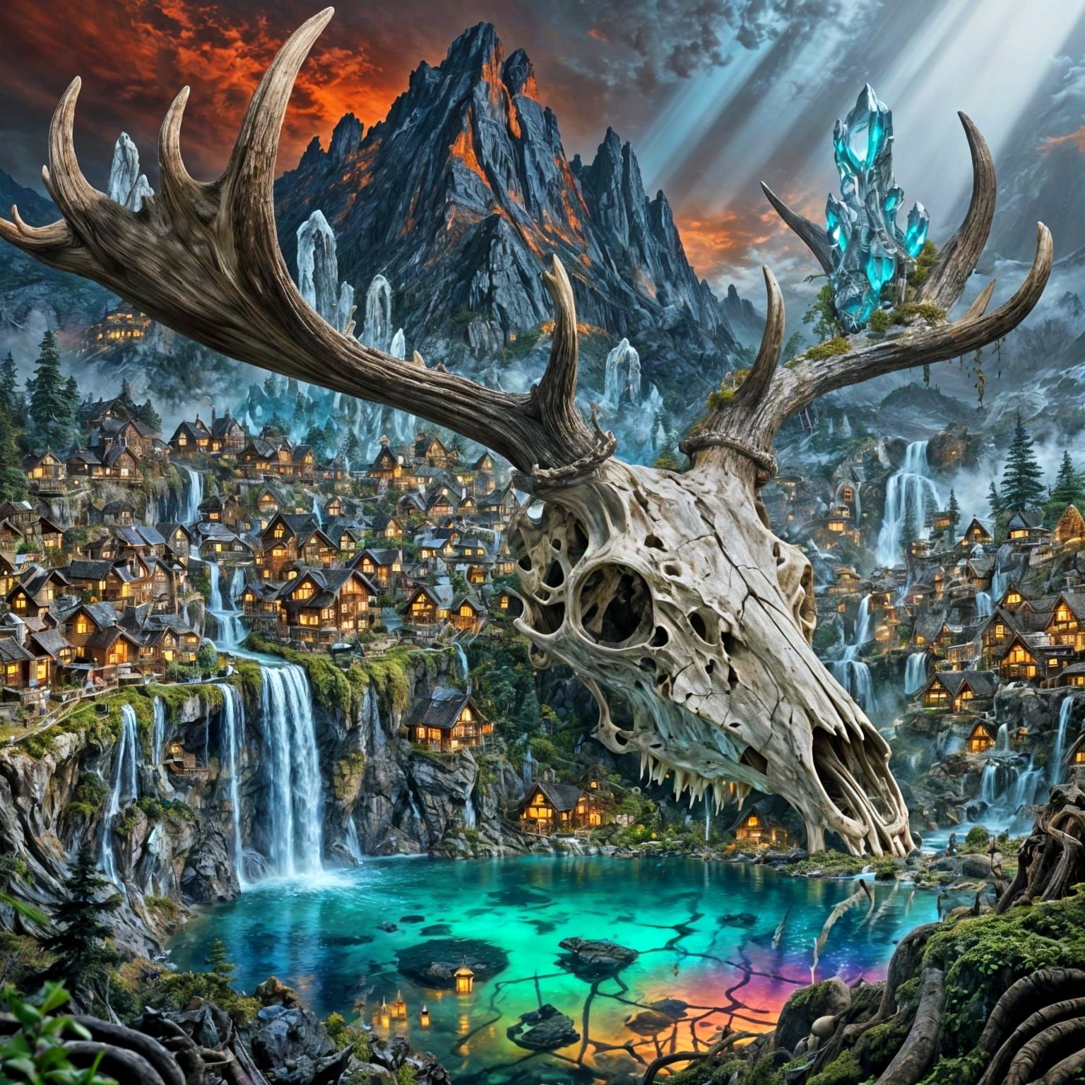 Giant Fossilized Elk Skull Mountain Village with Waterfalls